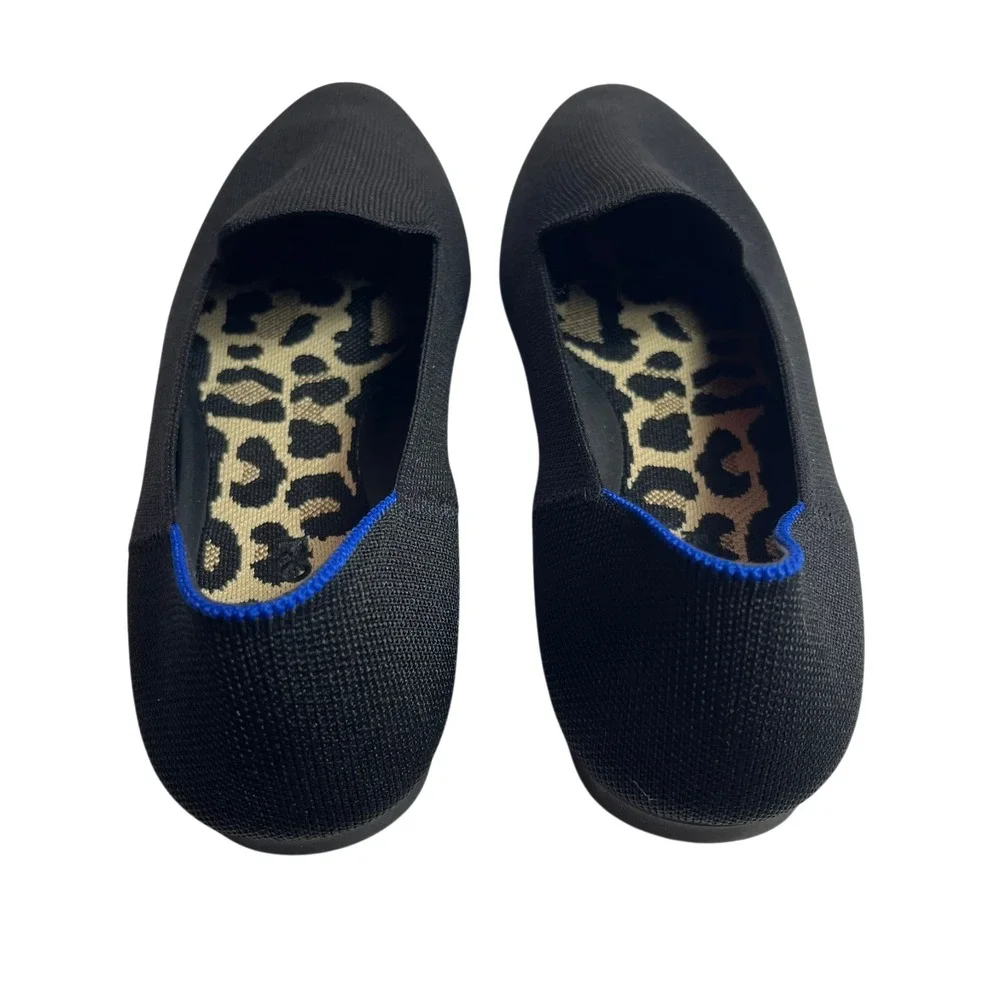 Rothys Round Toe Ballet Flats Shoes Womens 12.5 Black Leopard
